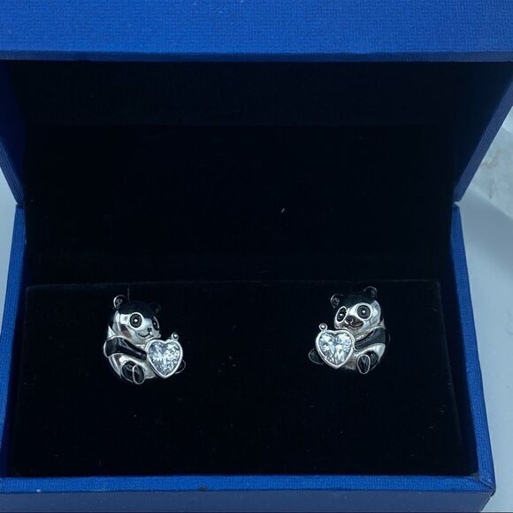 Panda Bear Sterling Silver CZ Heart Stud Earrings - Picture 3 of 4